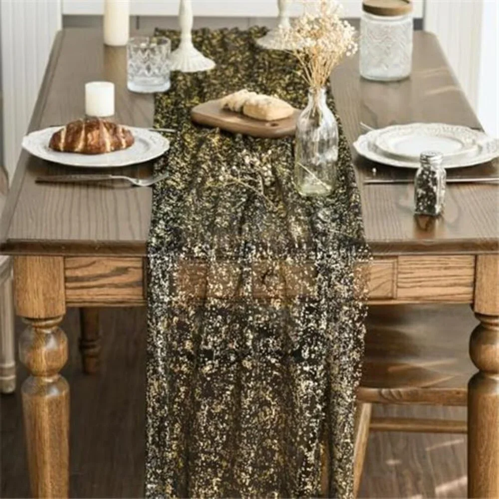 black gold table runner 120 inch sheer gauze glitter foil wedding party decor
